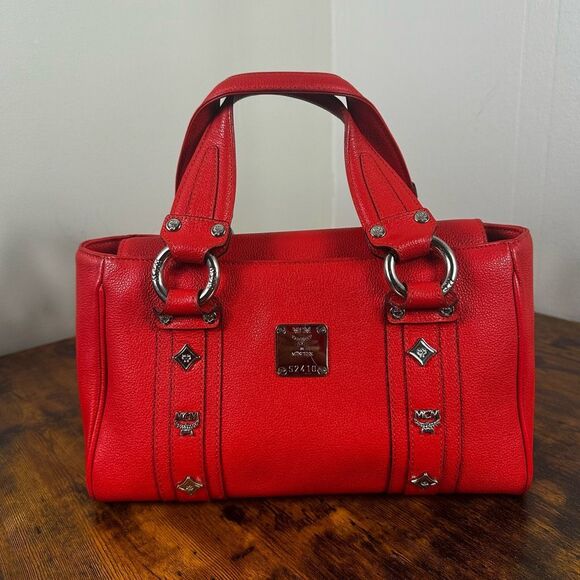 MCM Studded Red Leather Boston Bag Satchel - Picture 1 of 16